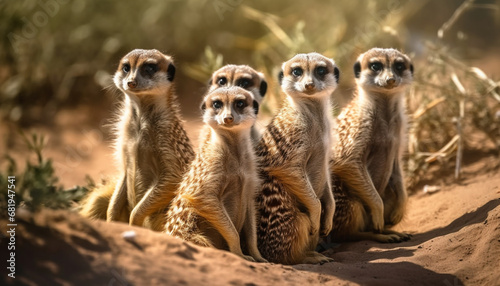 Small meerkat family sitting in a row, staring alertly at camera generated by AI