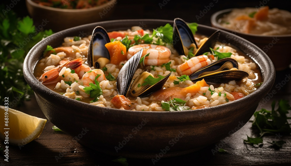 Fresh seafood soup with prawns, mussels, and vegetables in bowl generated by AI Fresh seafood soup with prawns, mussels, and vegetables in bowl generated by AI
