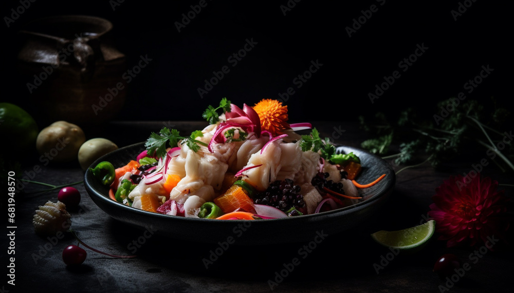 Fresh gourmet meal healthy meat and vegetable bowl on wooden table generated by AI
