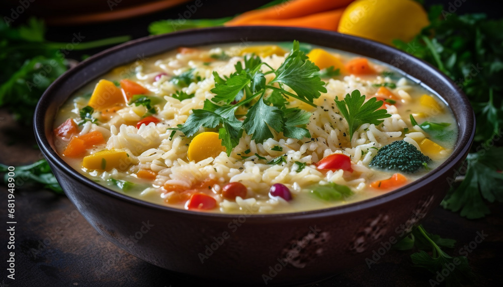 Fresh vegetarian soup with carrots, onions, tomatoes, and cilantro garnish generated by AI Fresh vegetarian soup with carrots, onions, tomatoes, and cilantro garnish generated by AI