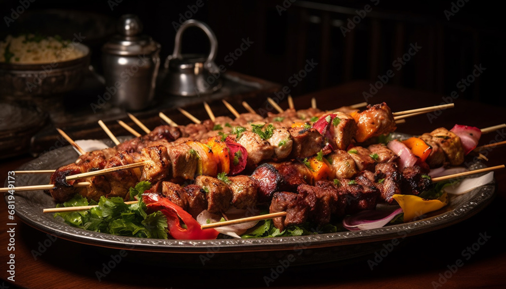 Grilled skewered meat and vegetables, a gourmet summer appetizer plate generated by AI Grilled skewered meat and vegetables, a gourmet summer appetizer plate generated by AI