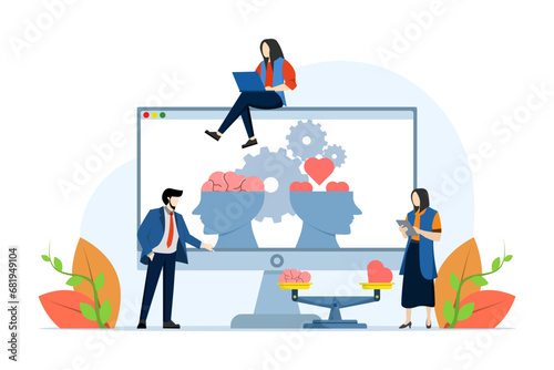 Emotional intelligence concept. Heart and brain on scales as a symbol of balance. Exploring the inner personality. Love, mind, logic. Vector illustration on white background.