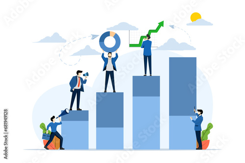 office worker studying infographics on graphs from columns, analyzing evolutionary scale, lifting vector. flat business illustration on white background.