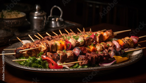 Grilled skewered meat and vegetables, a gourmet summer appetizer plate generated by AI