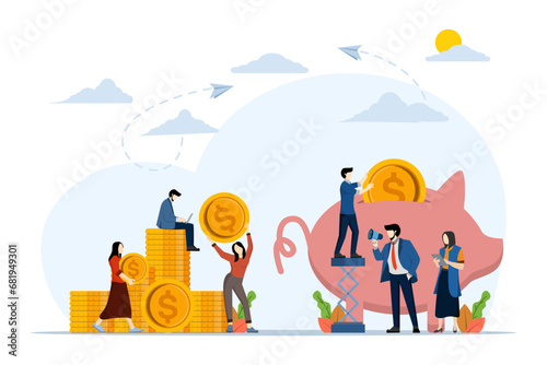 Big piggy bank in the shape of a piglet on a white background, financial services, little banker involved in work, saving or collecting money, coin box with falling, Vector flat illustration.