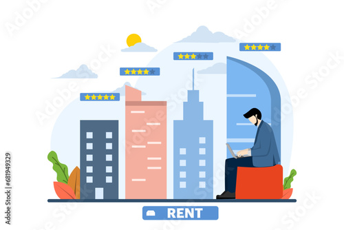 character with laptop choosing a new house to rent, person looking for an apartment, Online real estate selection or search service, Housing selection by rating, New property owner.