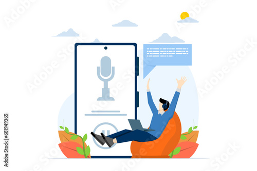 Podcast concept, A man holding a pointer stick and clicking a podcast subscribe button on a large computer as a background, Flat vector illustration on a white background.