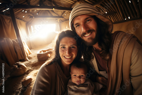 selfie style portrait of Mary and Joseph with baby Jesus. Religious Christmas nativity scene