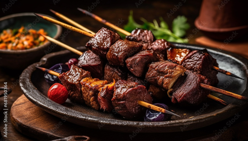 Grilled meat skewers on wood plate, cooked to perfection generated by AI Grilled meat skewers on wood plate, cooked to perfection generated by AI