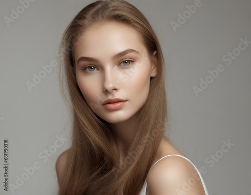 A young beautiful russian woman with long healthy brown hair and smooth fair skin and beautiful face. For advertisment. Concept for skin care, hair care and beauty.