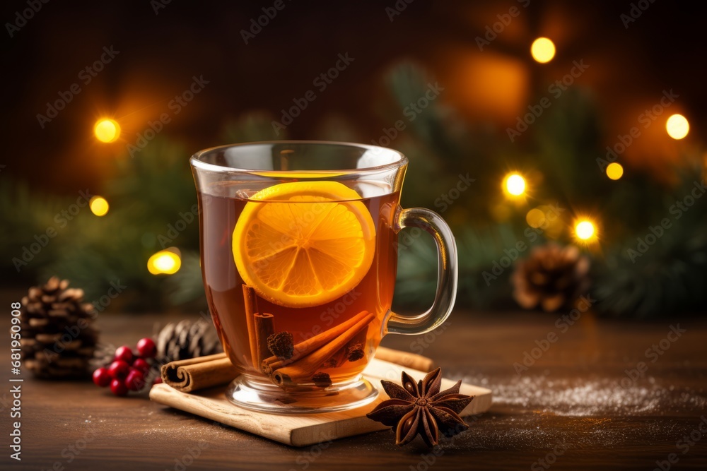 Cozy Holiday Atmosphere with a Mug of Hot Spiced Cider Surrounded by Christmas Ornaments and Lights Cozy Holiday Atmosphere with a Mug of Hot Spiced Cider Surrounded by Christmas Ornaments and Lights