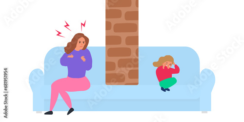 quarrel sitting mother and little daughter on the sofa  brick wall between them family conflict angry woman crying girl vector illustration