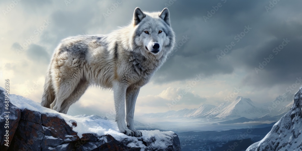 a white wolf standing on top of snowy rocks, generative AI a white wolf standing on top of snowy rocks, generative AI