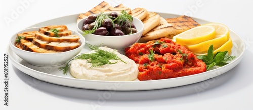 In a Mediterranean-themed catering event, a Spanish dish adorned a white plate, featuring tapas such as tapenade, Spanish herbs, and seafood, creating a vibrant red and white appetizer, perfect as a