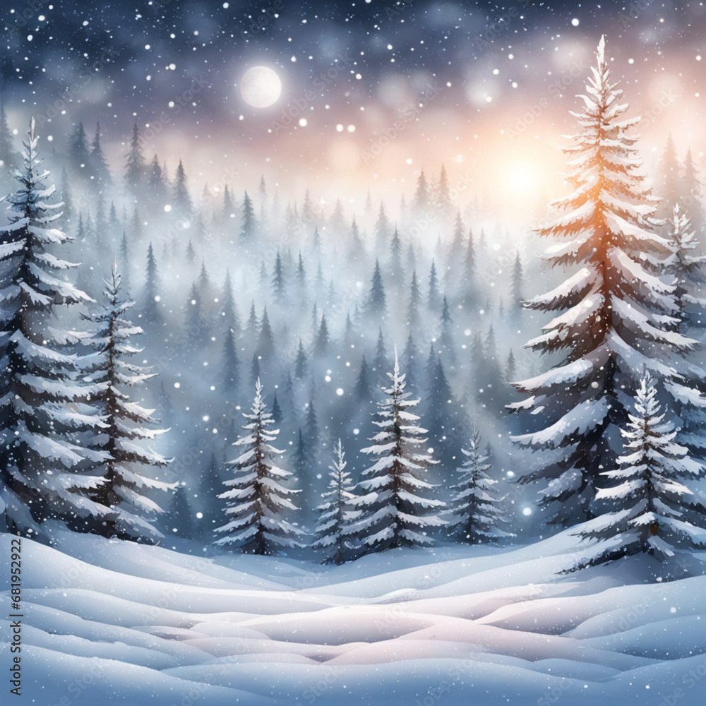 Winter snow background. Christmas trees in the snow. Frosty night.
