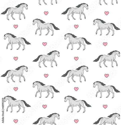 Vector seamless pattern of hand drawn sketch doodle horse and hearts isolated on white background