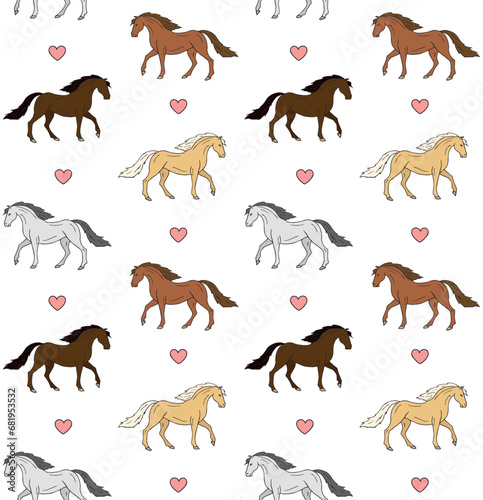 Vector seamless pattern of hand drawn sketch doodle colored horse and hearts isolated on white background