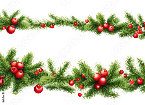 wide garland of Christmas tree branches and red berries. Isolated without shadow isolated on white background