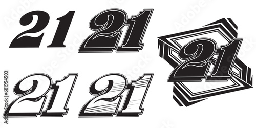 black and white outline racing number isolated in white background, for print, t-shirt and business elements.