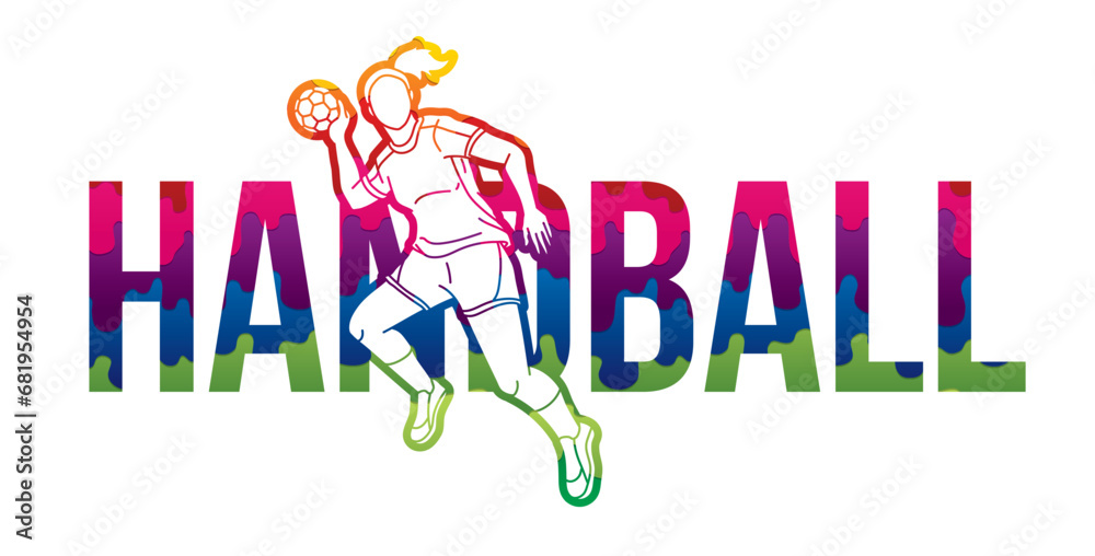 Handball Sport Text Designed with Player Action Cartoon Sport Graphic Vector