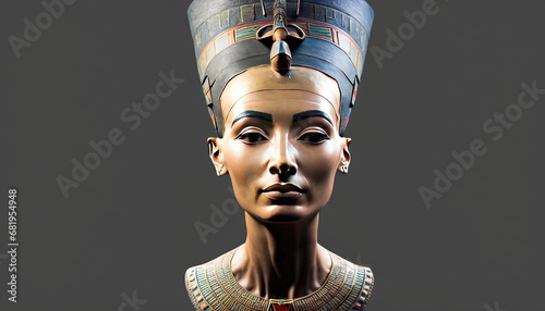 Ancient Egyptian bust Nefertiti isolated statue sculpture woman famous cut-out face colourful art artwork culture old body feminine beauty female stone photo