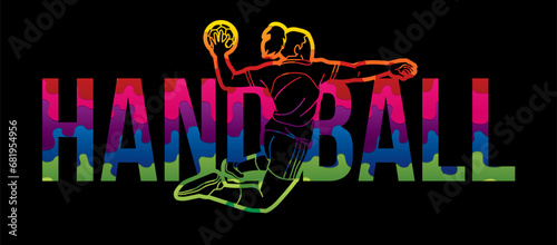 Handball Sport Text Designed with Player Action Cartoon Sport Graphic Vector