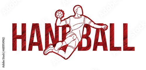 Handball Sport Text Designed with Player Action Cartoon Sport Graphic Vector
