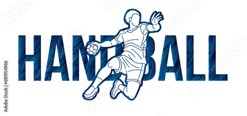 Handball Sport Text Designed with Player Action Cartoon Sport Graphic Vector