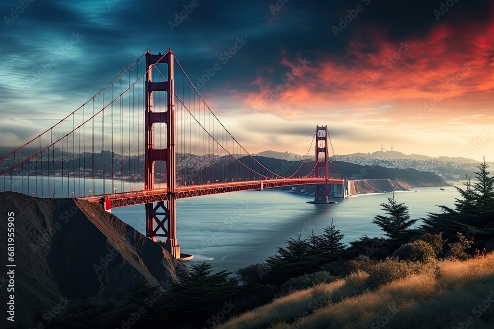 Obraz premium Golden Gate Bridge at sunset, San Francisco, California, USA, View of Golden Gate Bridge over San Francisco Bay, AI Generated