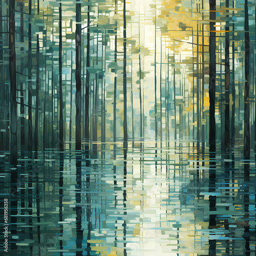a forest reflecting in calm waters