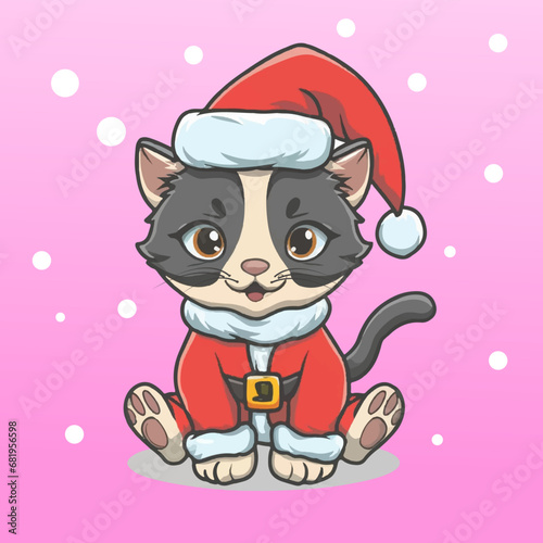 Ilustración navideña de gatito vestido de Santa Claus