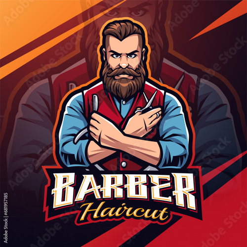 Barber haircut esport mascot logo design