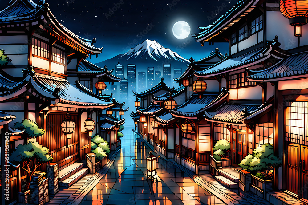 Obraz premium draw a Japanese night street. Generative AI