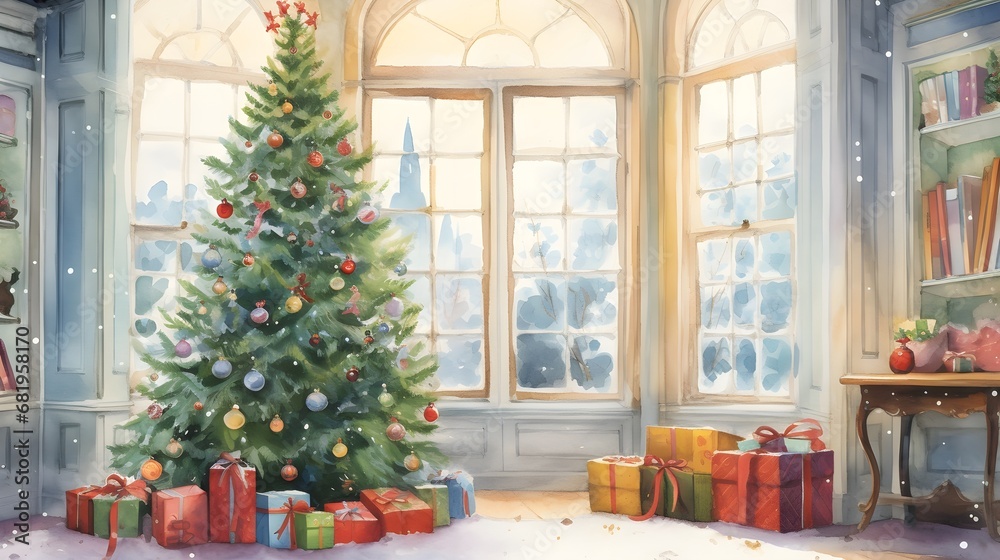 Watercolor christmas tree with gifts in a cozy living room