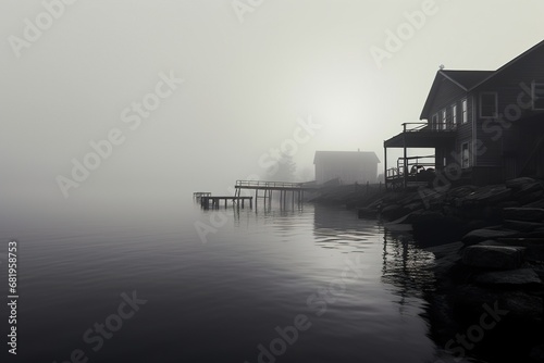 Misty Lake and Cabin Enveloped in Smoke © duyina1990