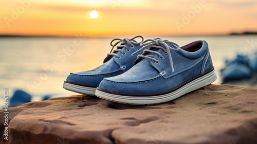 Blue boat shoes on wooden background. Leather shoes. Mens leather shoes. Blue leather shoes. Top-siders outdoors.