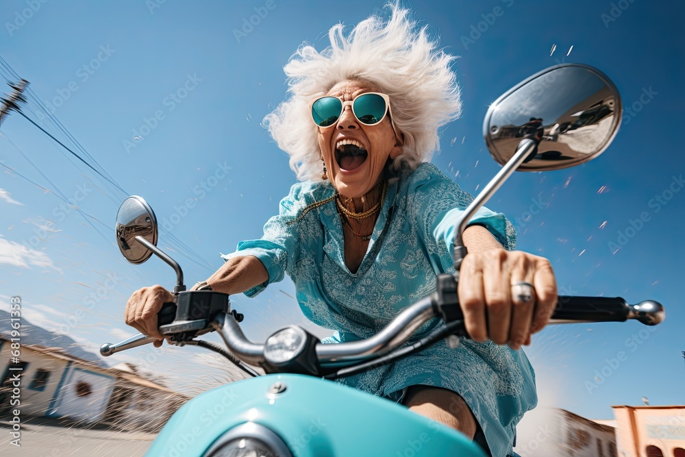 An elderly cheerful woman with gray hair rides a blue scooter and smiles. Generated by AI.