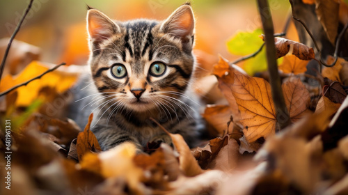 little kitten in the wild forest. Kitty in autumn. Autumn cat portrait. Cute kitten in autumn forest