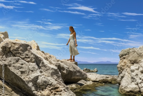 Woman Standing on Rocks by the Seashore