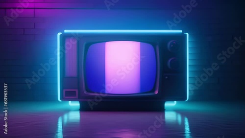 A curvedshaped TV with a faded aquablue casing and thick black s situated along the front panel. The screen is flashing with shades of purple and blue light giving photo