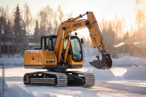 Construction site crawler excavator stands in a winter scenery. Construction during winter and snow, stranded in winter conditions. photo