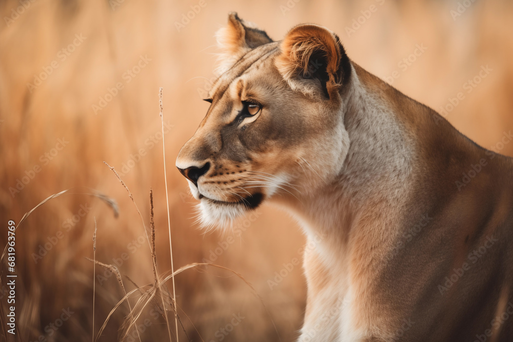 Naklejka premium Big lioness with mane in Africa. African lion walking in the grass, with beautiful evening light. Wildlife scene from nature. Animal in the habitat.