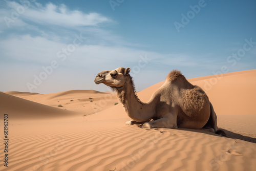 A camel  walking in the desert  with beautiful evening light. Wildlife scene from nature. Animal in the habitat.