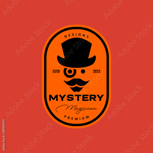 old man face beard mustache magician hat mascot cartoon character vintage badge colorful logo design vector illustration
