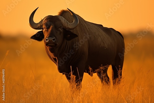Big buffalo in Africa. African buffalo walking in the grass, with beautiful evening light. Wildlife scene from nature. Animal in the habitat.