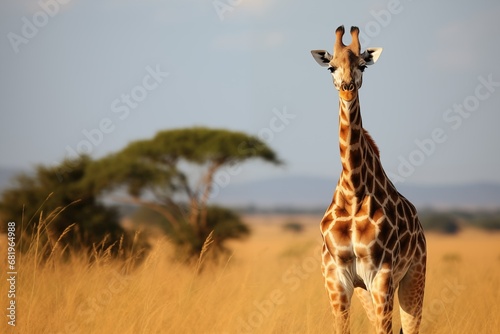 Giraffe walking in the grass, with beautiful evening light. Wildlife scene from nature. Animal in the habitat. © evgenia_lo