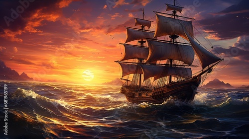 sailing into the sunset, digital art illustration, Generative AI