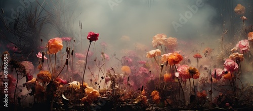 In the midst of a natural surrounding  a colorful abstract of decaying and drying flowers emerges  showcasing the beauty of lifeless  yet graceful  soft focus flowers that symbolize the concept of