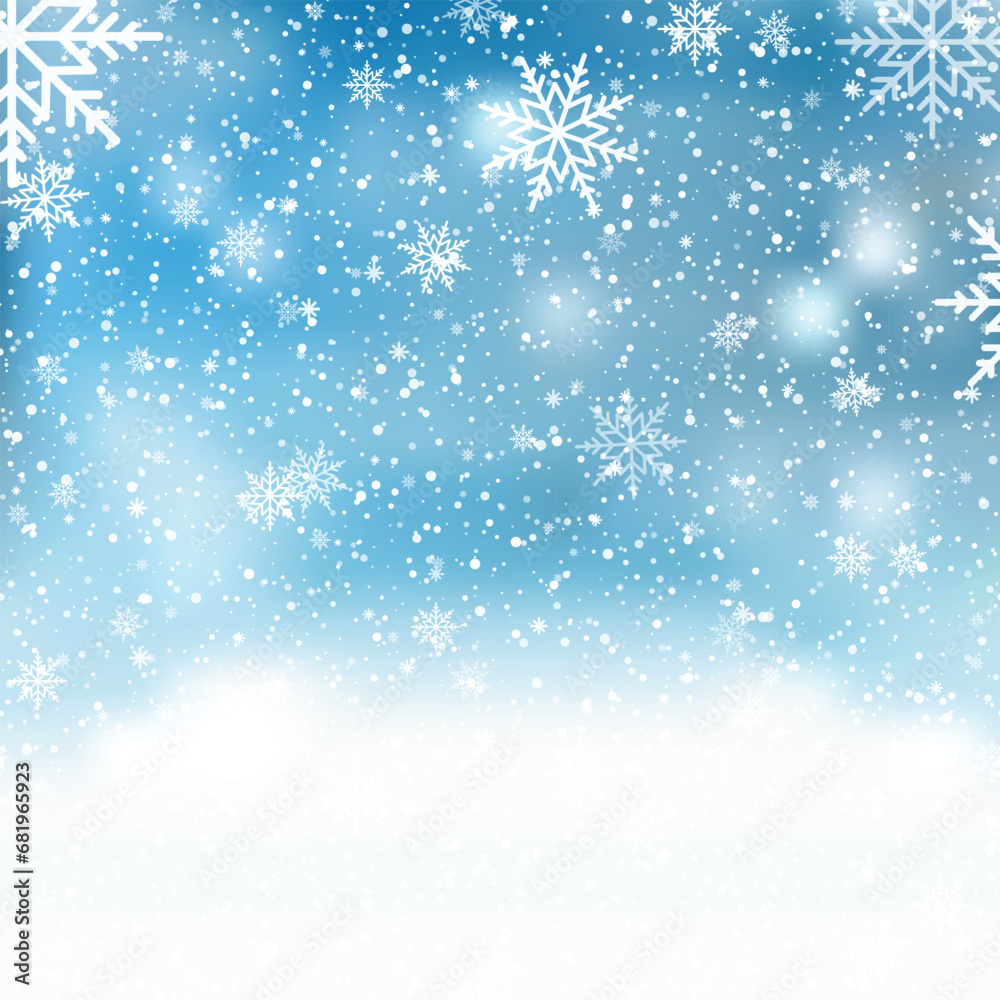 Natural Winter Christmas background with sky, heavy snowfall, snowflakes in different shapes and forms, snowdrifts. Vector