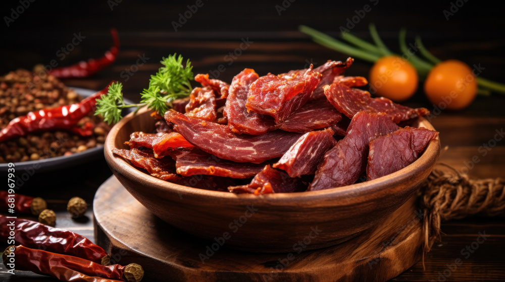 Board with spicy beef jerky on dark background Board with spicy beef jerky on dark background